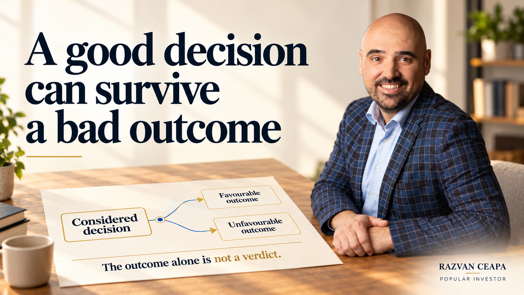 Razvan Ceapa beside a paper diagram showing how a considered decision can lead to either a favourable or an unfavourable outcome.