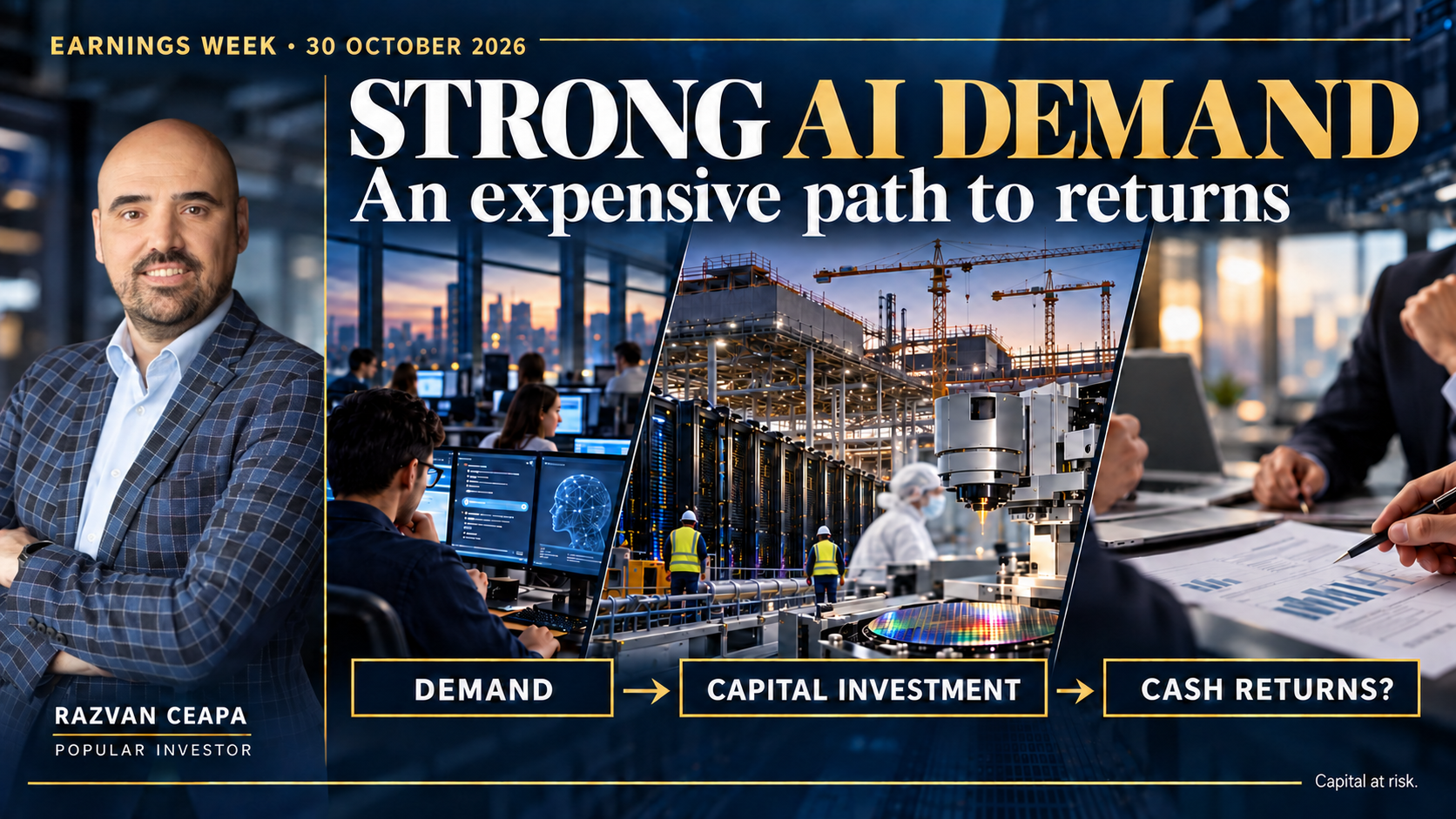 Razvan Ceapa with a conceptual illustration linking AI demand, capital investment and the question of cash returns.